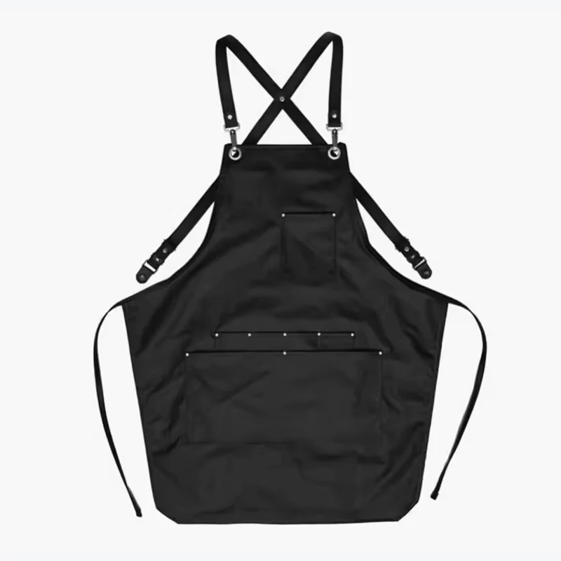 A black work apron with crossed straps and multiple tool pockets.