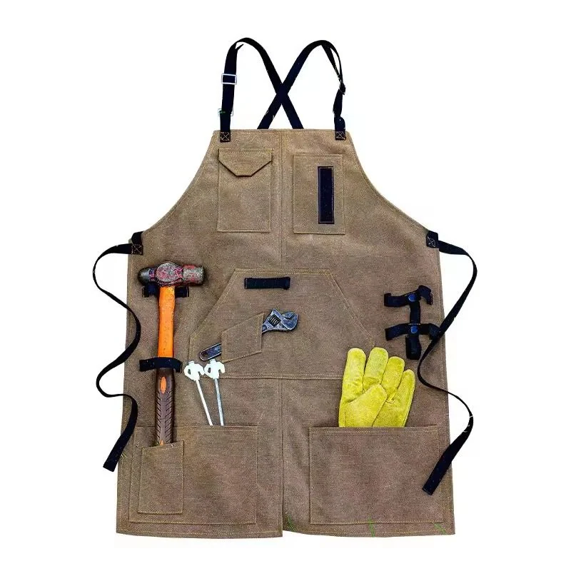 Brown tool apron with multiple storage pockets and loops.