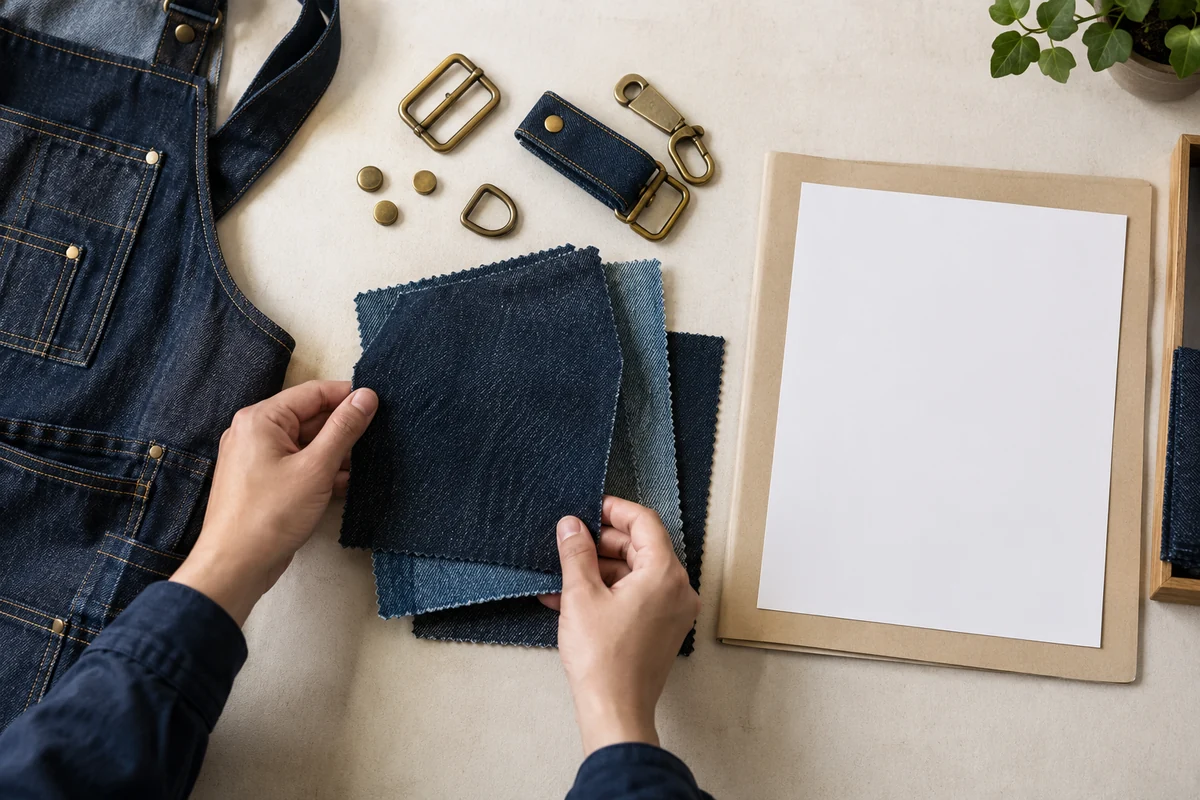 AI-generated illustration of denim swatches, brass apron hardware, and paperwork.