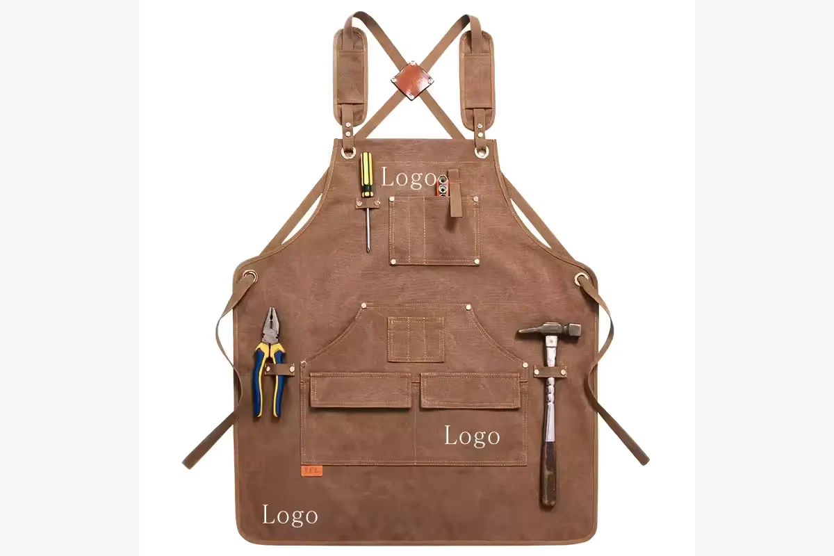 Brown apron with rivets, multiple pockets, and crossed straps.