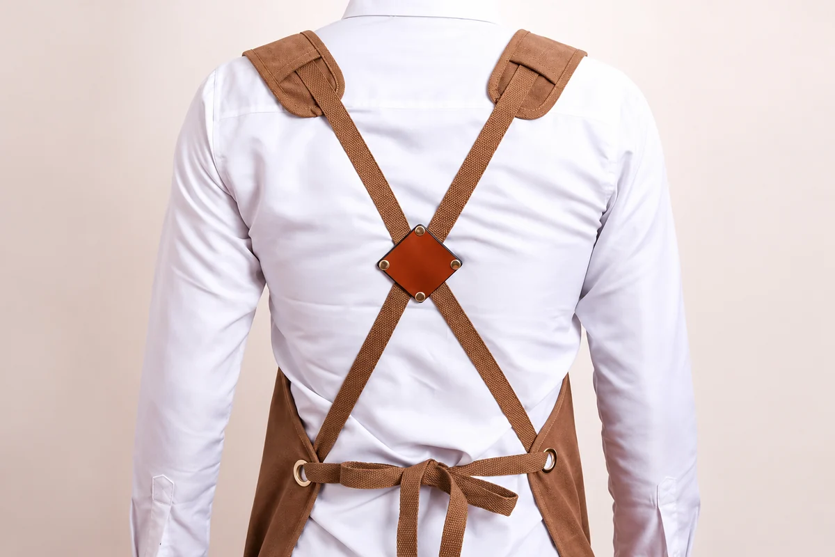 Crossed apron straps and a back waist tie.