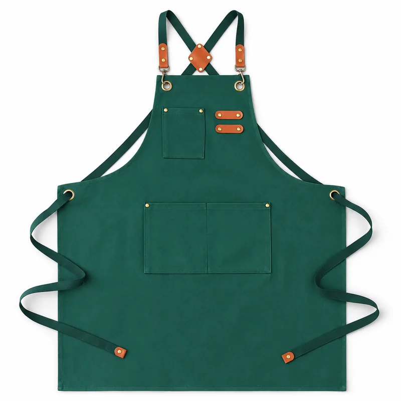 Green apron with crossed straps and divided front pockets.