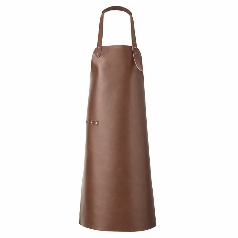Brown full-length apron with a neck strap and a smooth front.