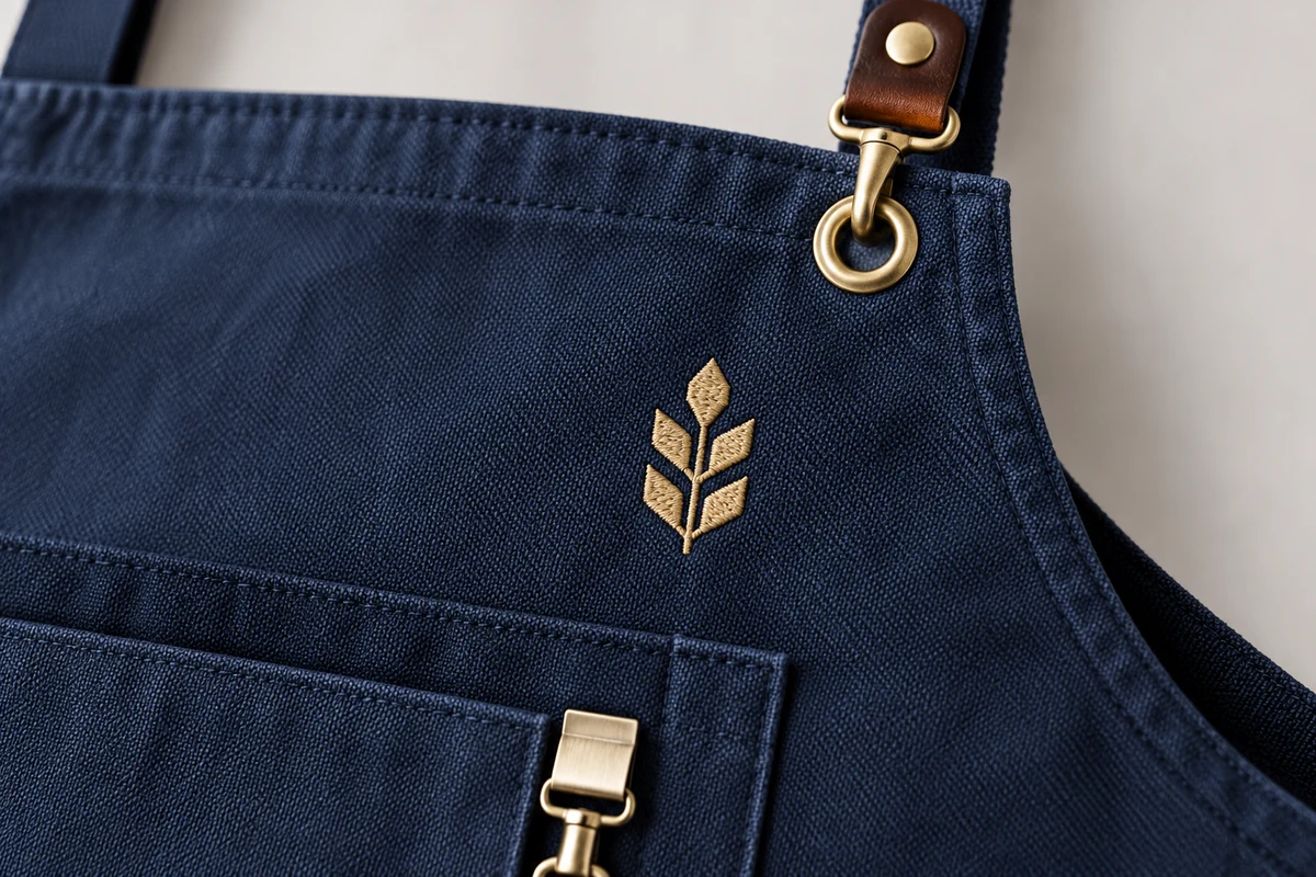 AI-generated illustration of a gold leaf motif embroidered on navy apron fabric.