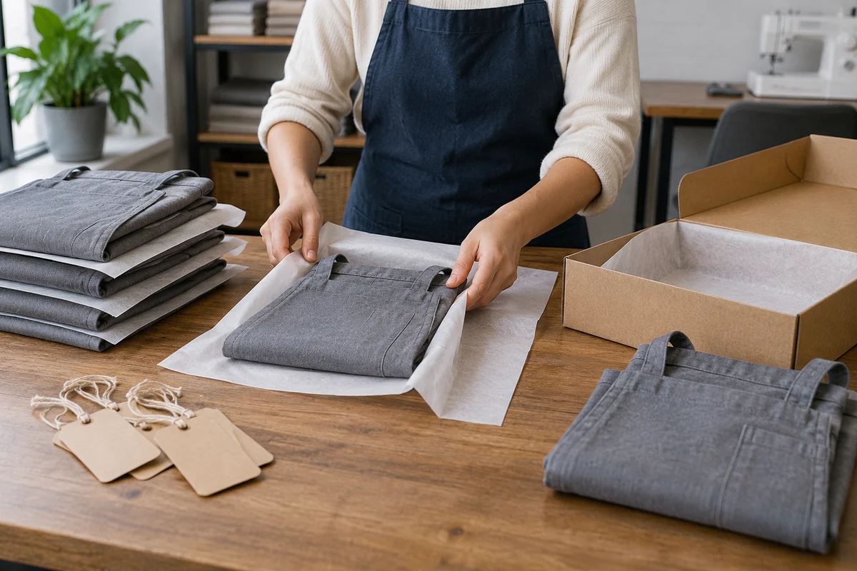 AI-generated illustration of folded gray bib aprons with packaging and tags.