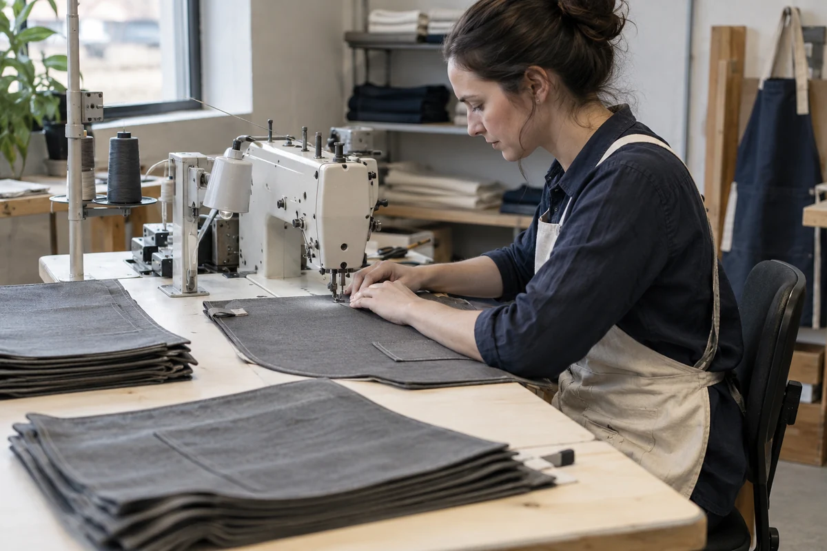 AI-generated illustration of sewing gray apron panels at an industrial machine.