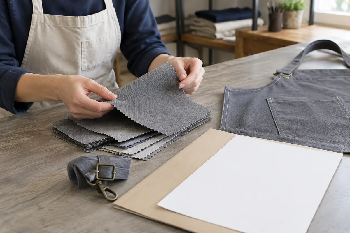 AI-generated illustration of gray fabric swatches, apron strap hardware, and paperwork.