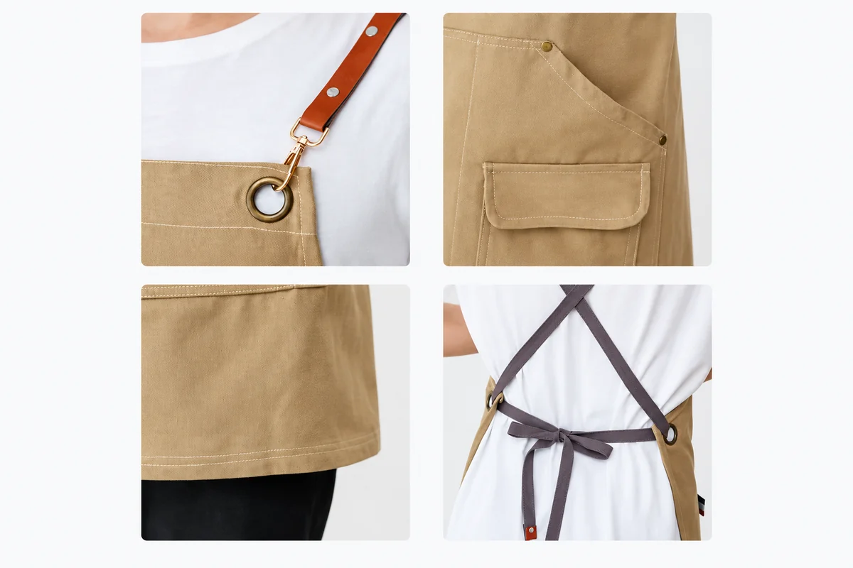Close view of apron straps, seams, pockets, and fasteners.