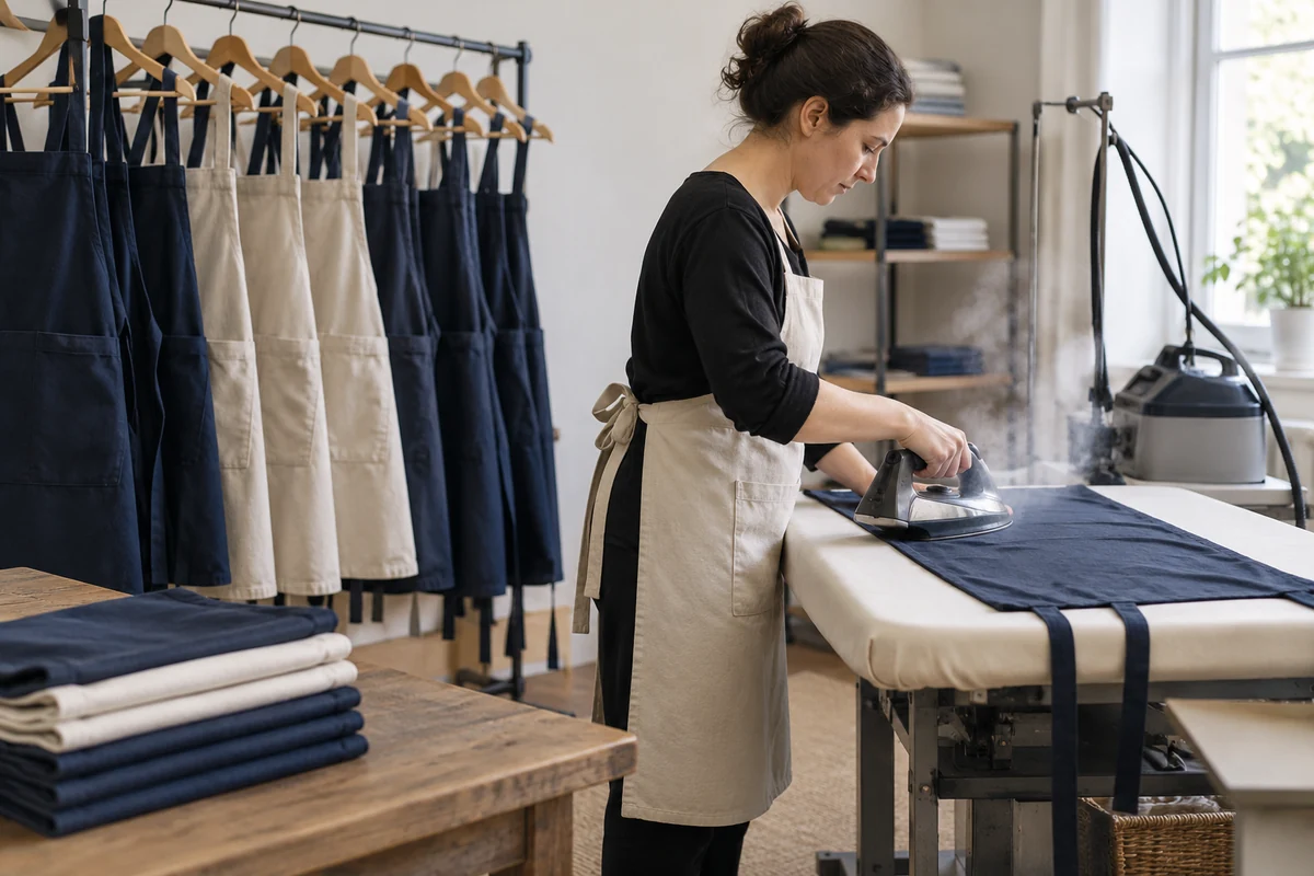 AI-generated illustration of an apron pressing station with finished aprons and a steam iron.