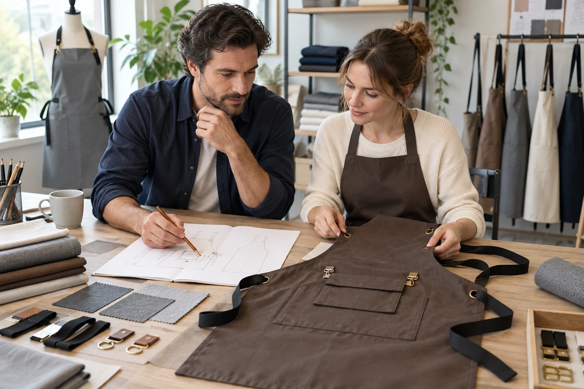 AI-generated illustration of developers reviewing an apron sketch and physical sample.