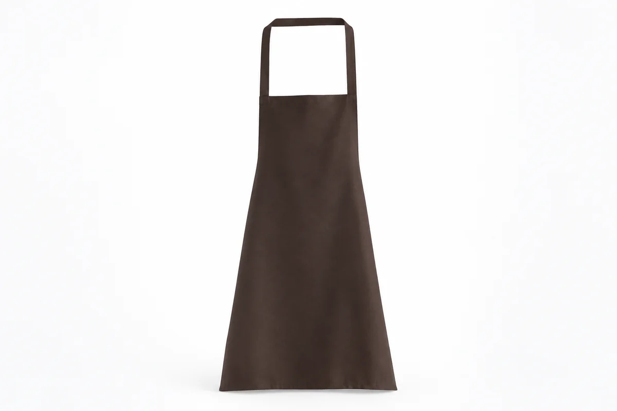 Brown bib apron with a neck strap.