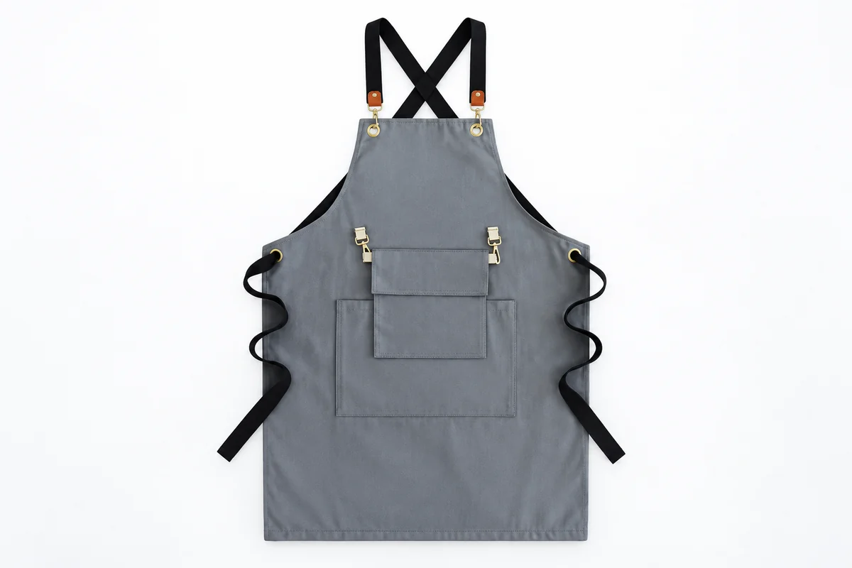 Gray apron with crossed straps and front pockets.