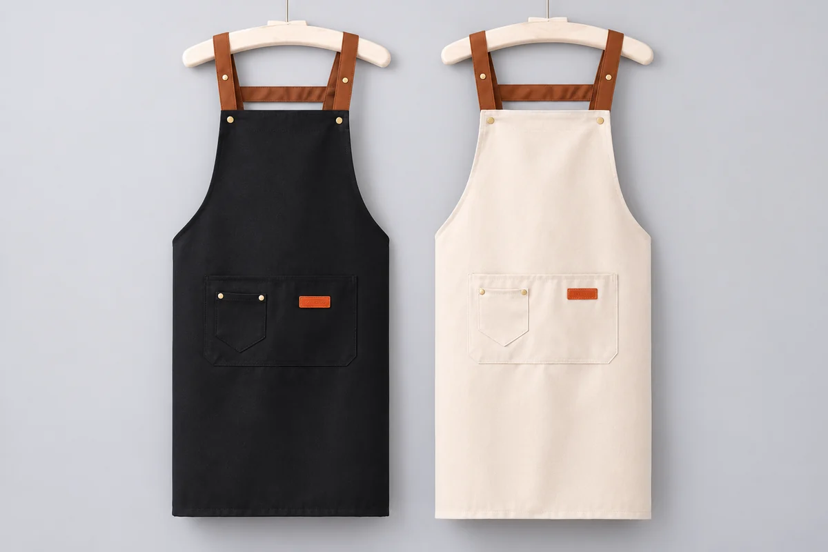 Black and cream bib aprons with contrasting straps.