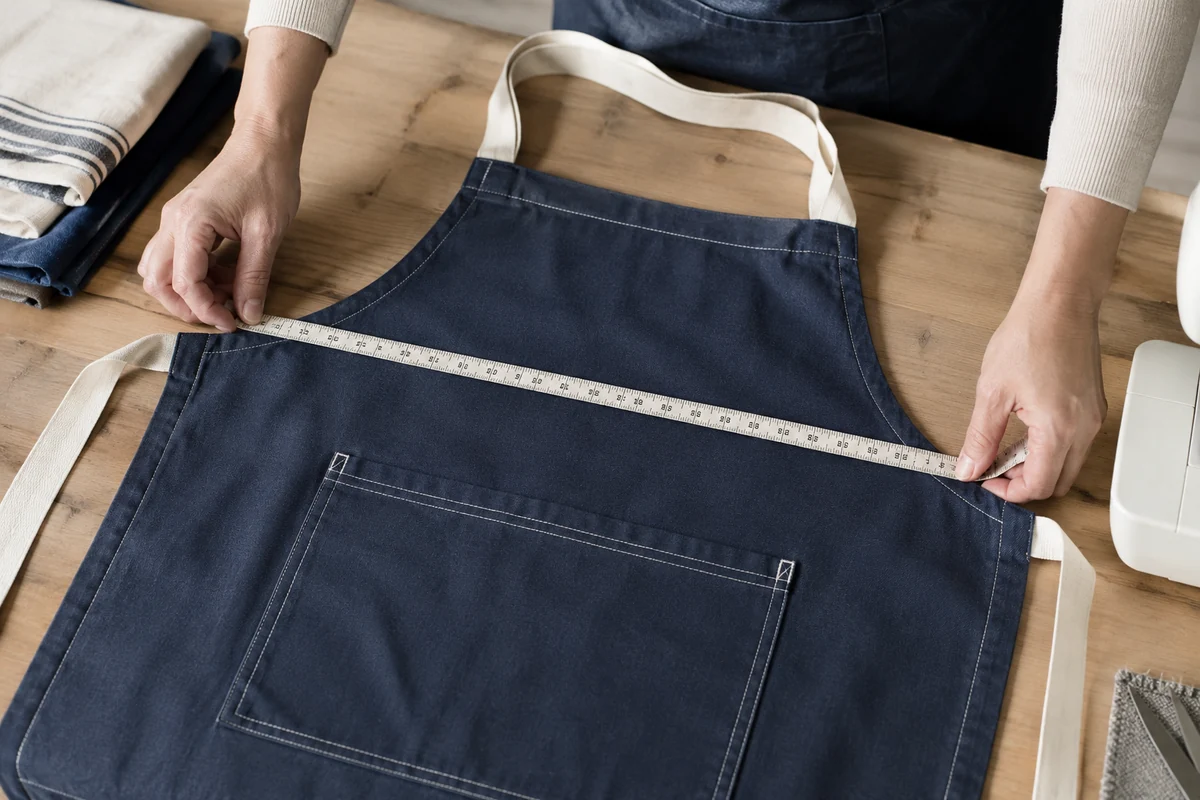 AI-generated illustration of checking a finished apron with a tape measure.