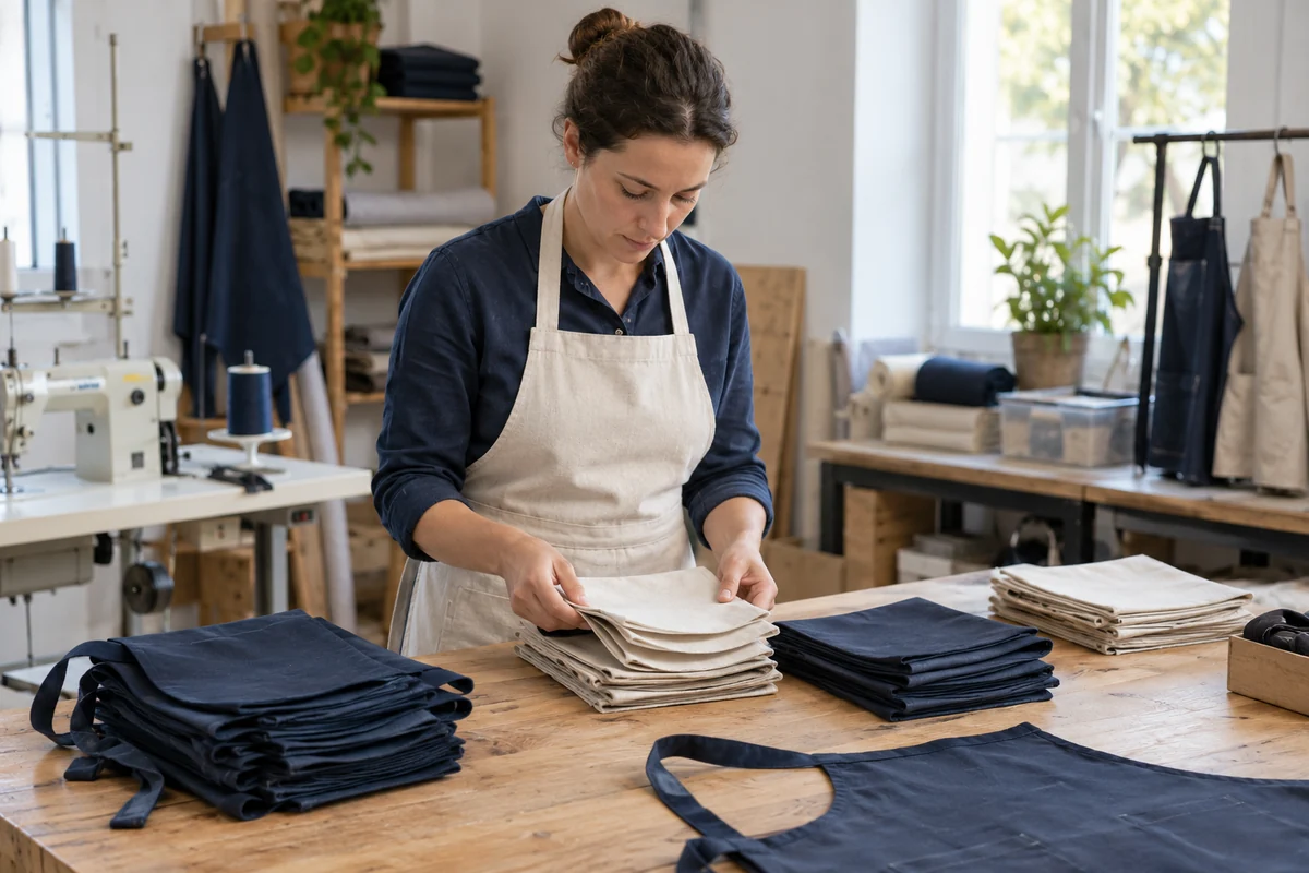 AI-generated illustration of a production coordinator checking bundles of apron panels.