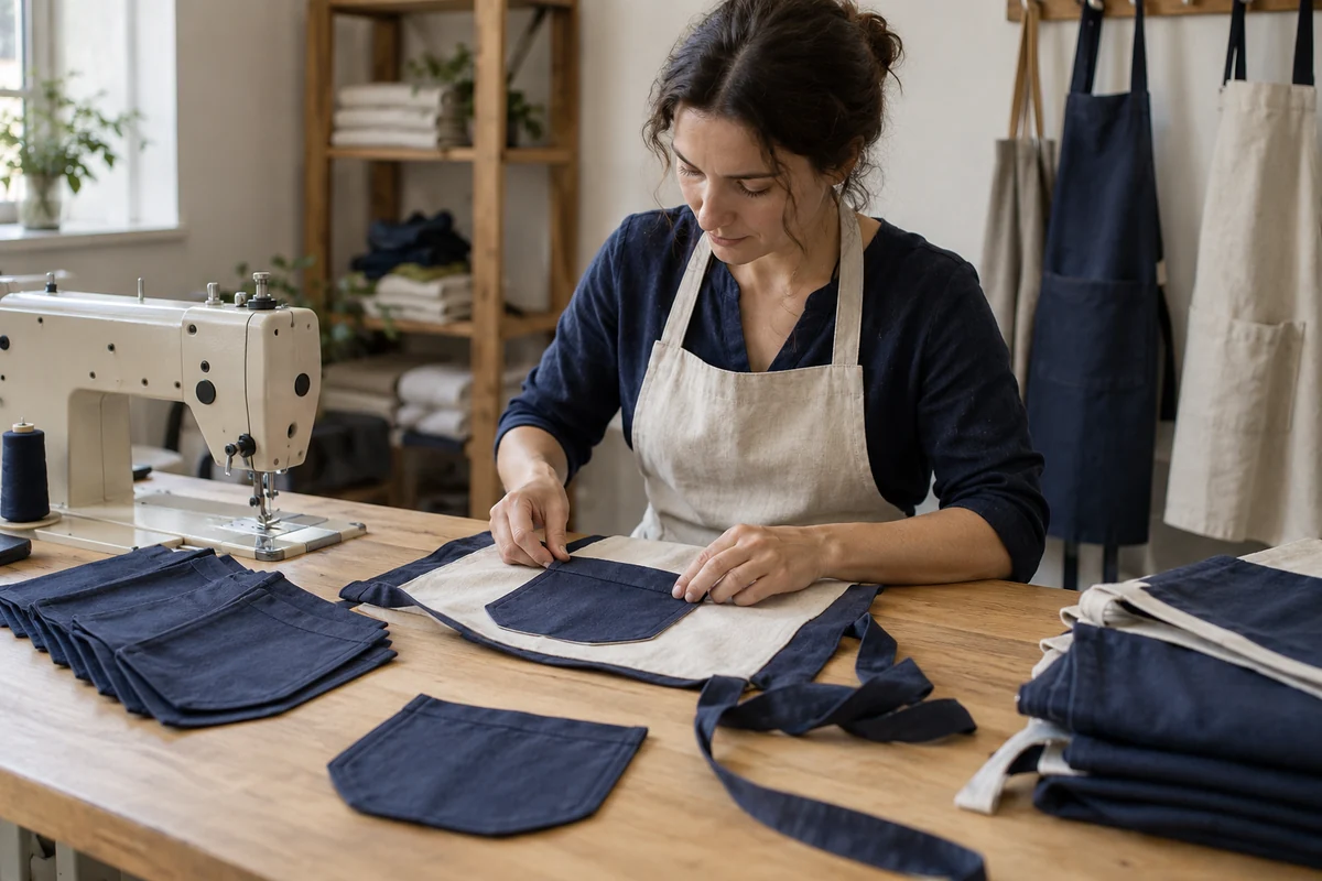 AI-generated illustration of a worker assembling apron pockets at a sewing table.