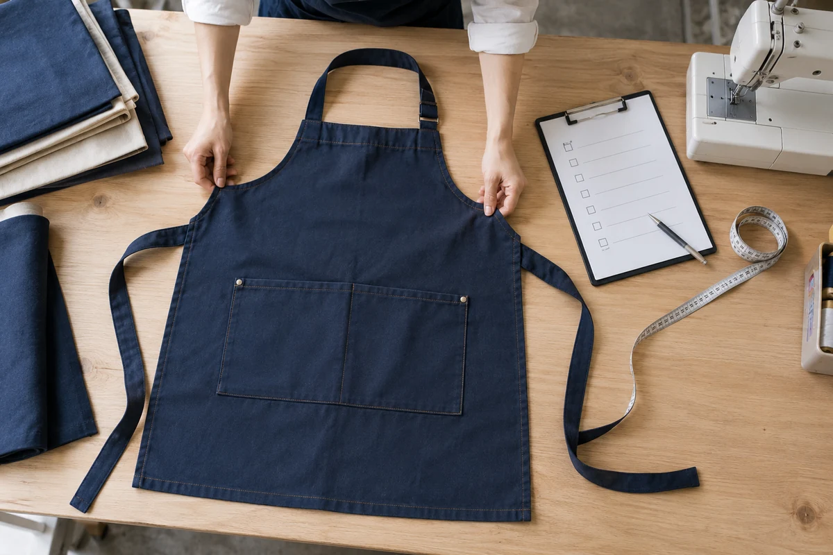 AI-generated illustration of an apron sample, measuring tape, and production checklist.