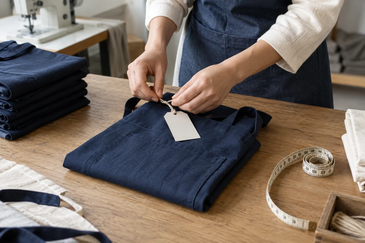 AI-generated illustration of attaching a sample tag to a folded apron.
