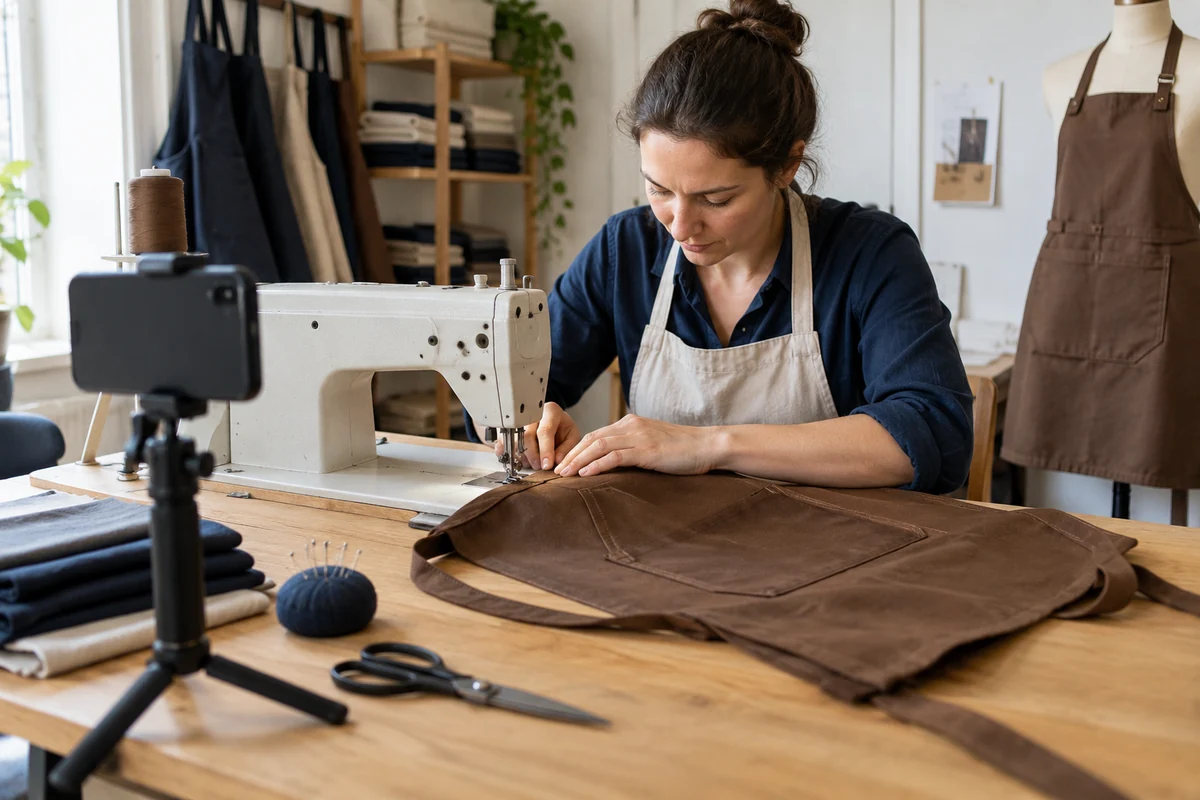 AI-generated illustration of recording apron sewing with a smartphone on a tripod.