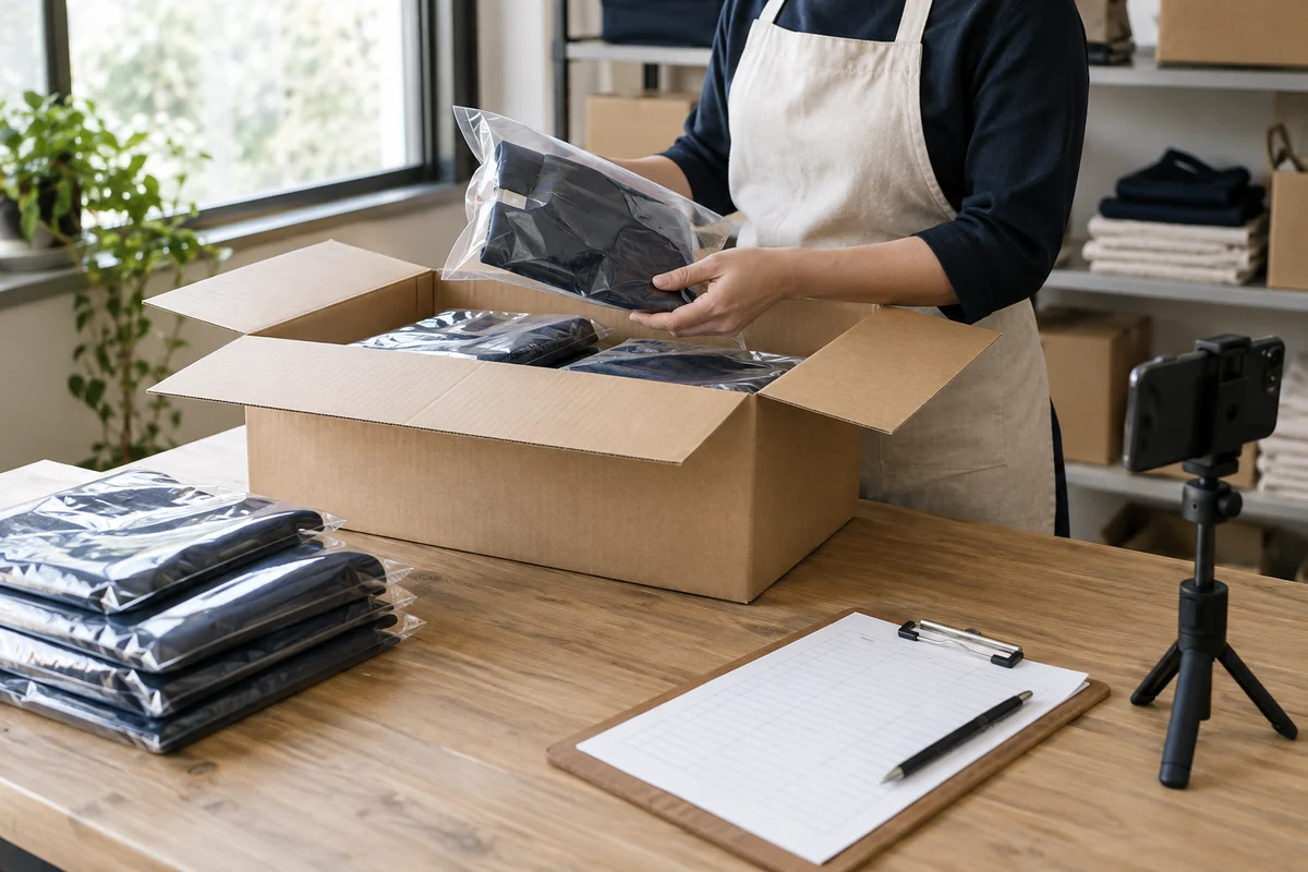 AI-generated illustration of packed aprons, a shipment checklist, and a camera at a dispatch table.
