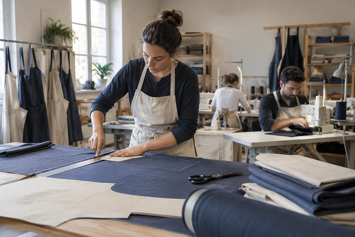 AI-generated illustration of an apron workshop with a cutting table and sewing machines.