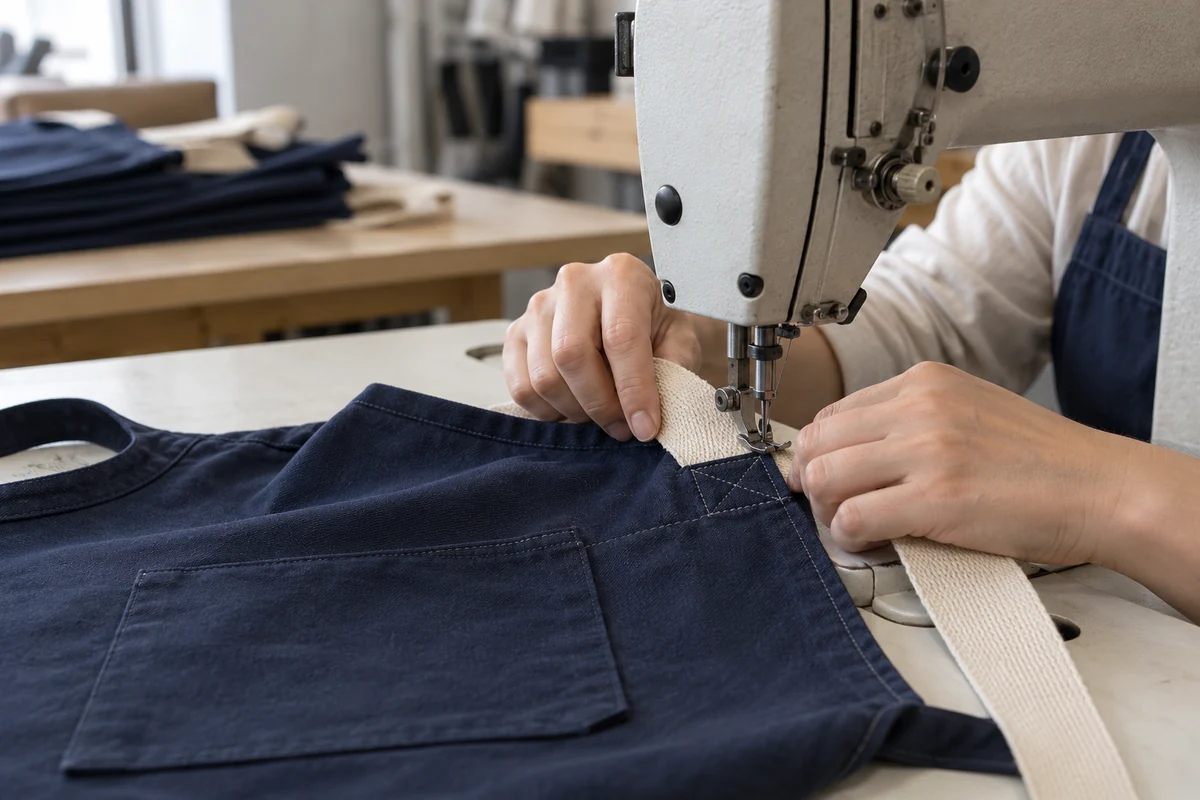 AI-generated illustration of sewing the edge of a navy apron beside its front pocket.