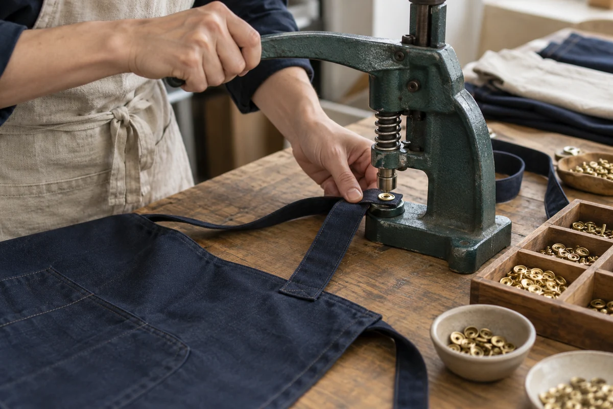 AI-generated illustration of attaching a metal fastener to an apron strap with a manual press.