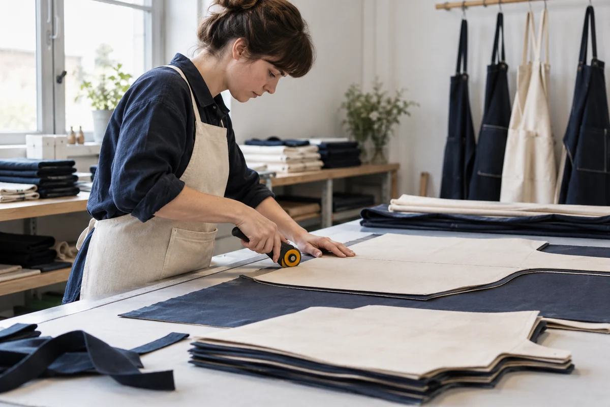 AI-generated illustration of cutting apron panels with a paper pattern and rotary cutter.