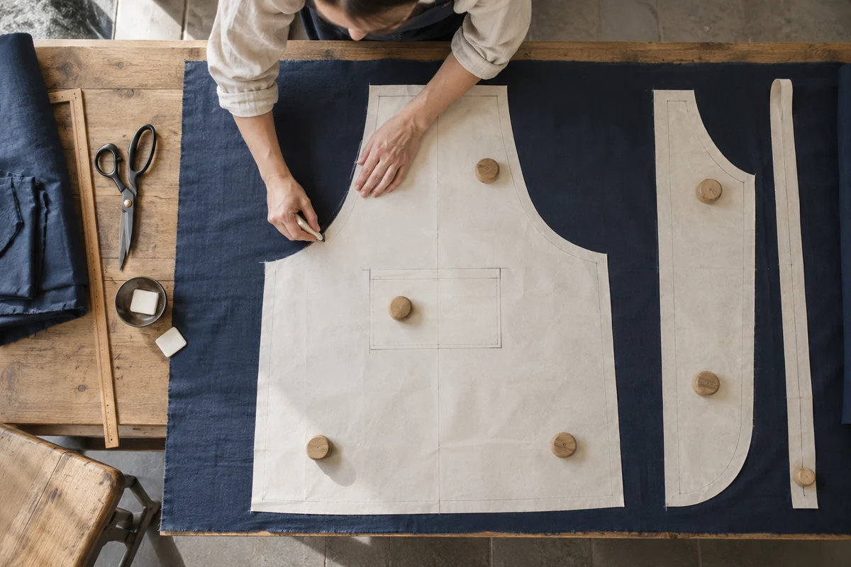 AI-generated illustration of apron paper patterns, cutting weights, and tailor chalk on fabric.