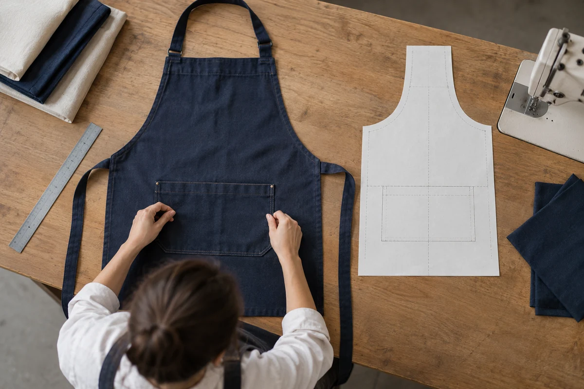 AI-generated illustration of checking apron pocket placement against a paper outline.
