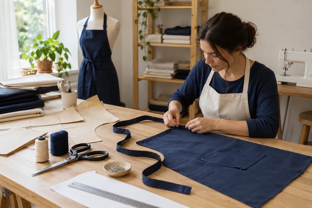 AI-generated illustration of apron patterns, scissors, thread, and a sample panel on a workbench.