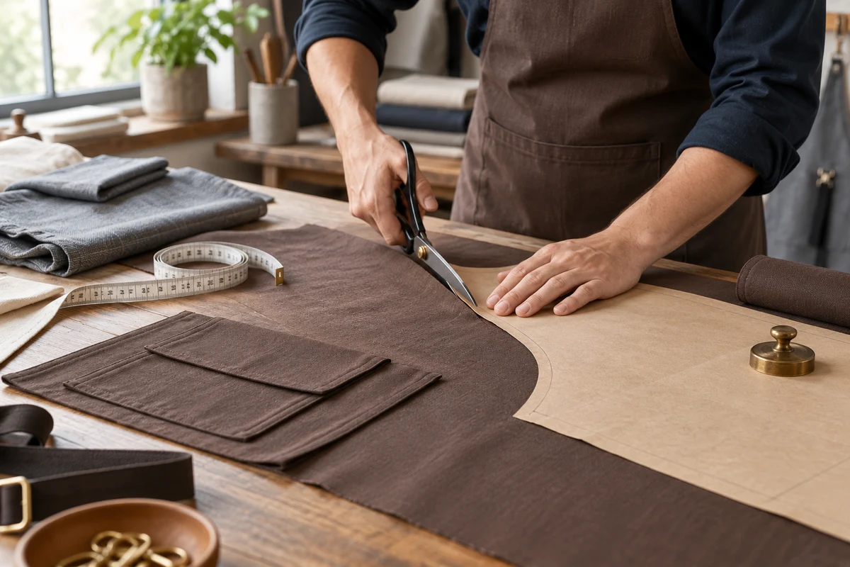 AI-generated illustration of cutting an apron panel from a paper pattern.