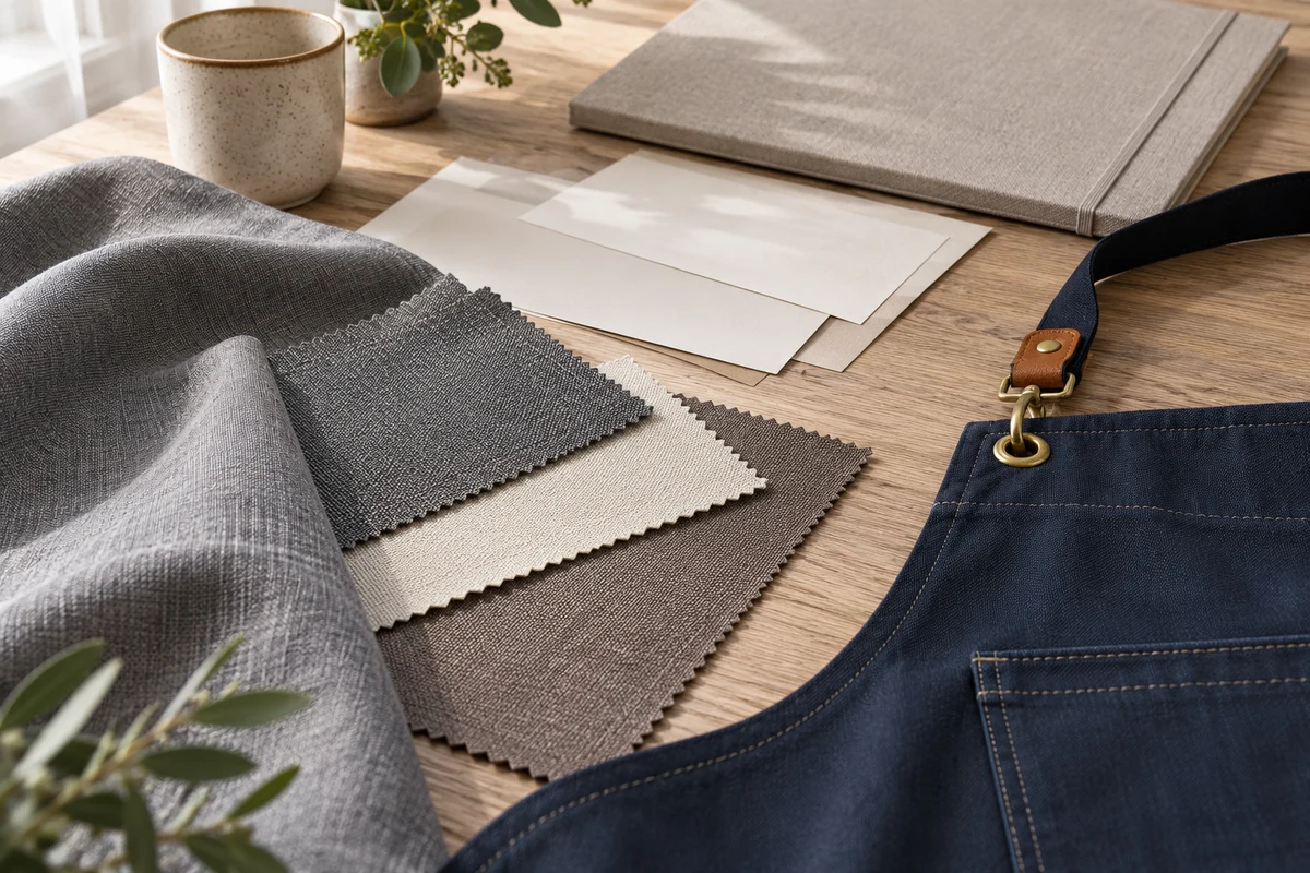 AI-generated illustration of fabric swatches, paperwork, and an apron strap.