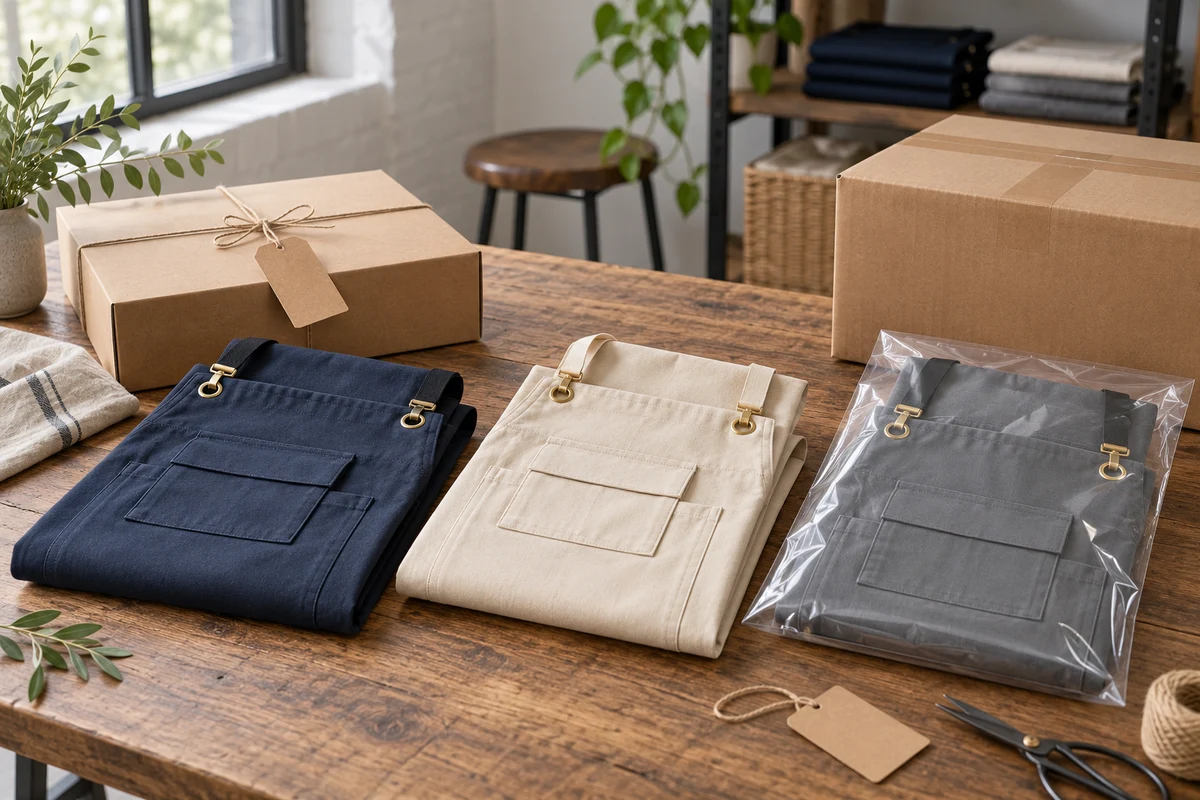 AI-generated illustration of folded aprons with bags, hangtags, and kraft boxes.
